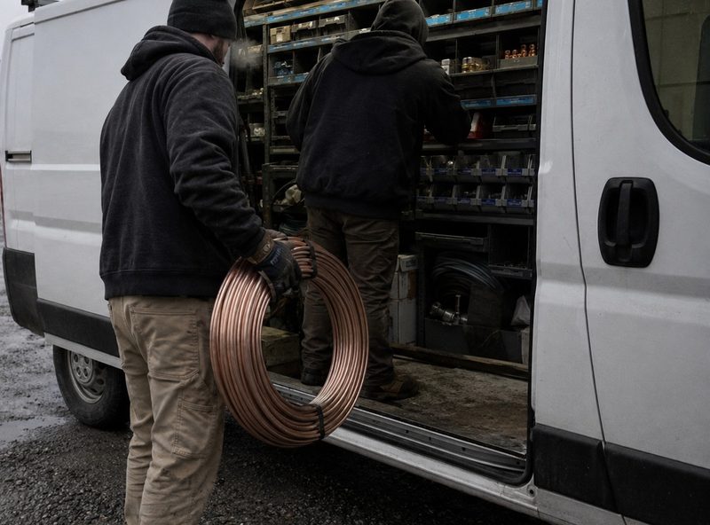 Two Breakneck Mechanical technicians pulling a coil of copper line set and fittings from the open side door of their service van.