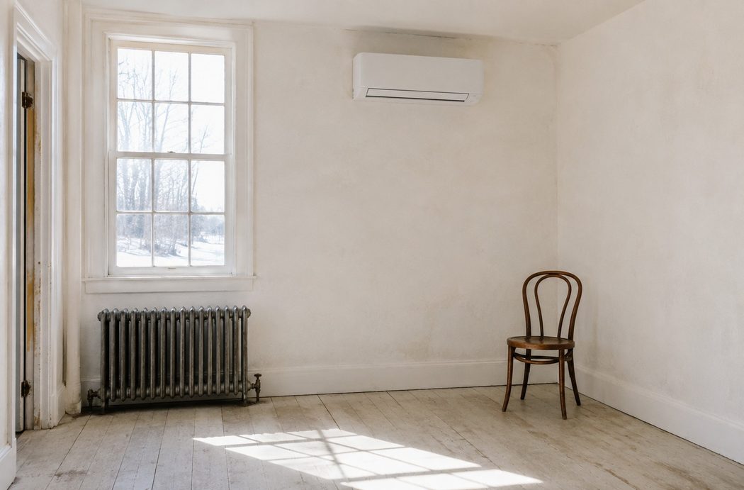 A wall-mounted ductless minisplit head installed high on the plaster wall of an 1840 farmhouse room in Garrison, New York, with hard winter light falling across a worn wide-plank floor.