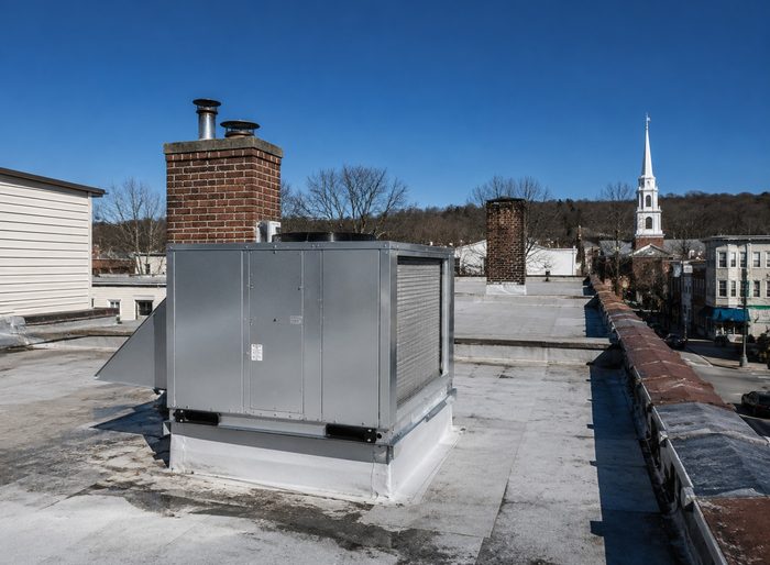 A newly replaced rooftop HVAC unit on a Main Street storefront in Beacon, New York, under bright winter sun with brick chimneys and a church steeple beyond.