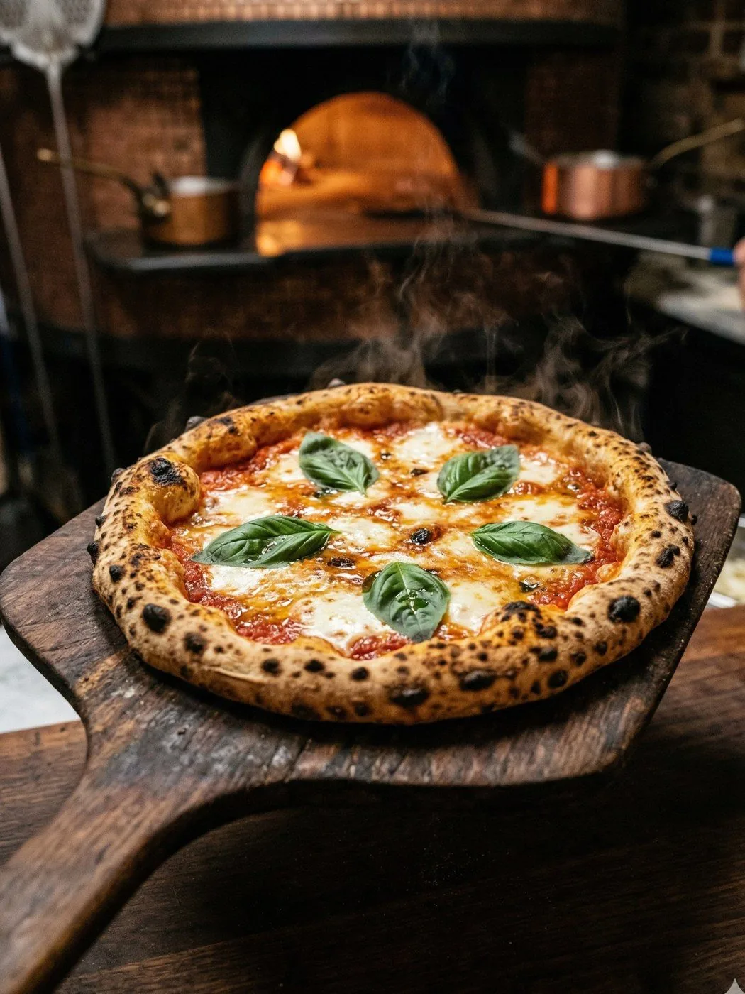 Wood-fired Neapolitan margherita pizza