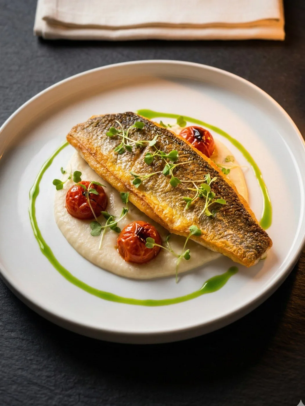 Seared branzino with white bean puree