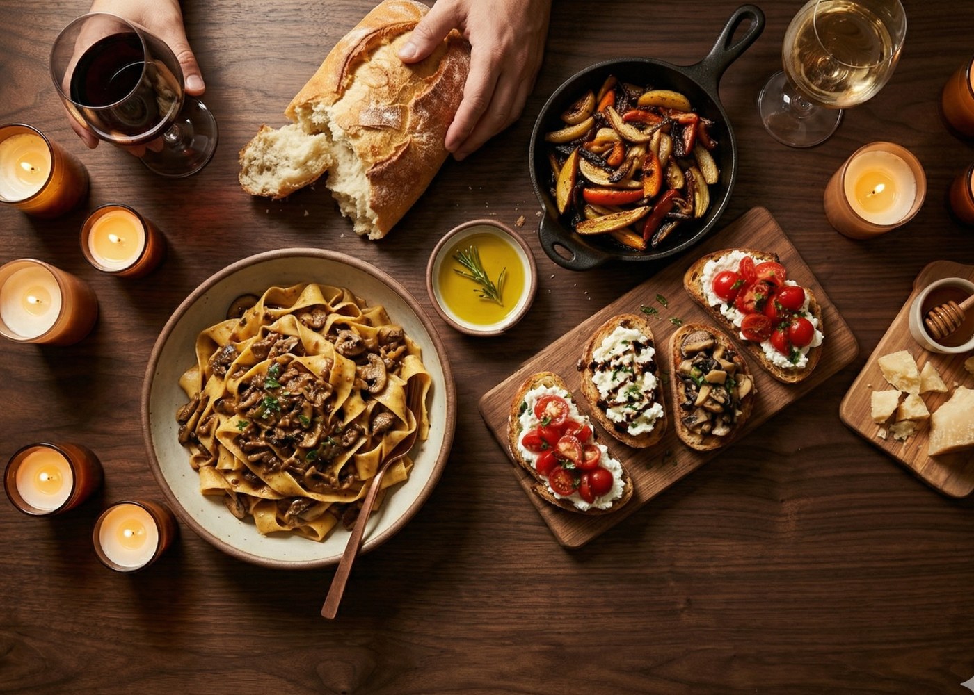 Italian family-style dinner spread