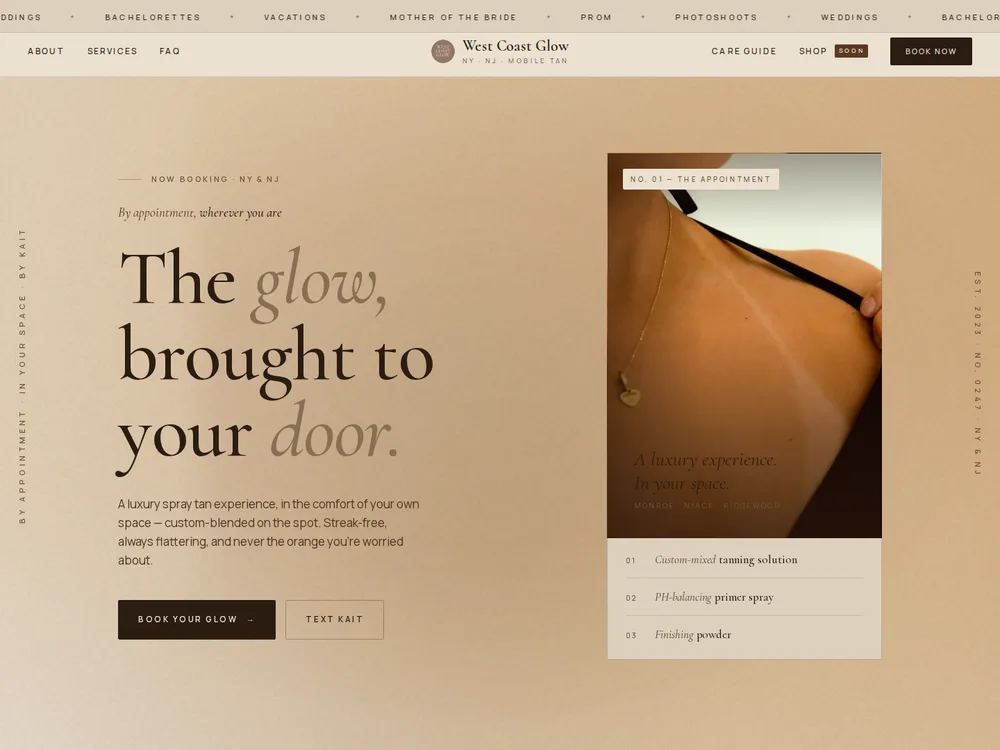 West Coast Glow mobile spray tan website — custom-coded by Sileon Web Design, Hudson Valley NY