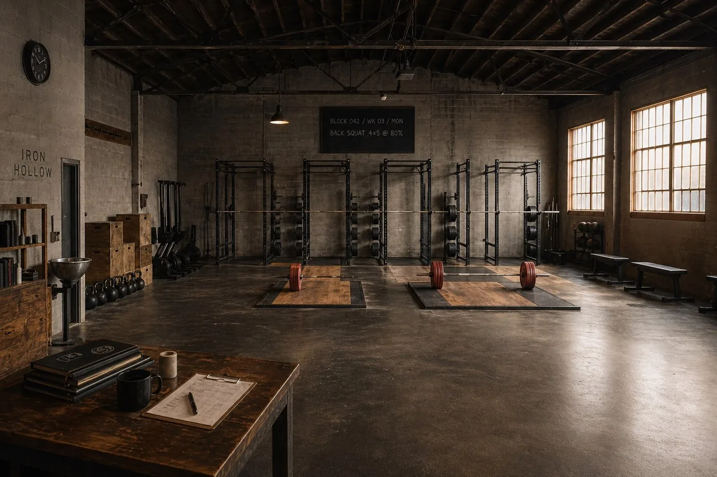 The Iron Hollow Training Co. facility at 14 Cornell Street, Kingston NY — wide architectural shot of the empty training floor between sessions, showing five power racks, three deadlift platforms, the day's programming written on the chalkboard, and the front desk in the foreground.
