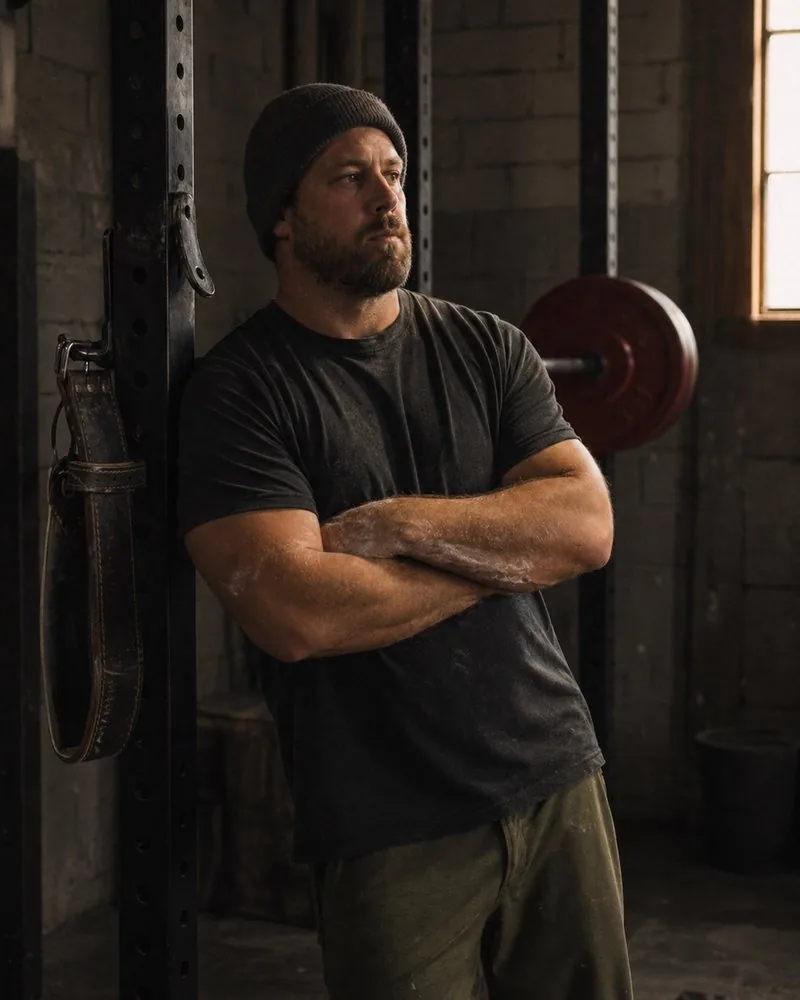 Coach Ben Valentin, head coach and founder, leaning against a power rack at Iron Hollow Training Co. in Kingston NY.